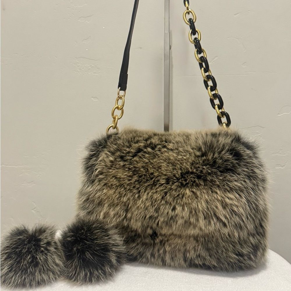 Handmade 2 Tone Real Fox Fur Fold Over Flap Medium Handbag with Fox Fur Charm